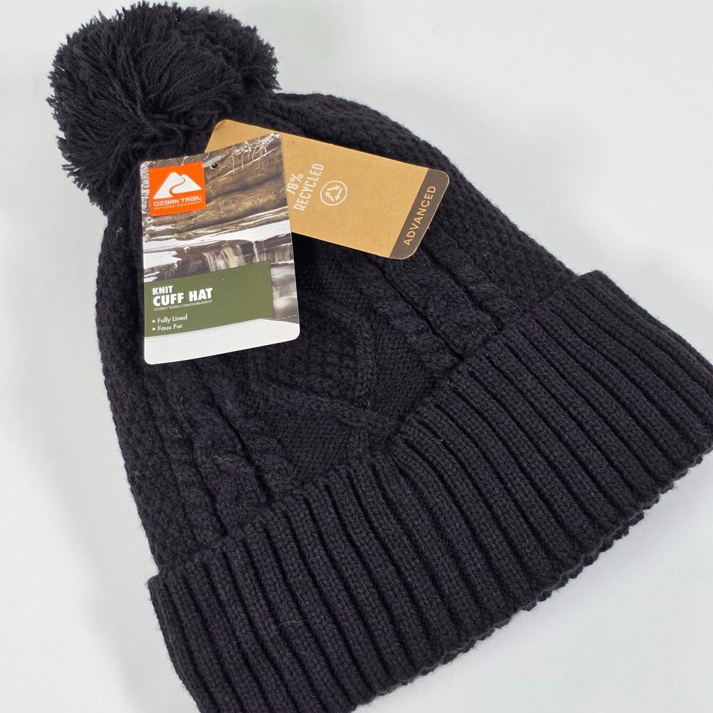 Ozark Trail Knit Cuff Hat Fully Lined Faux Fur Thinsulate One Size Black - NEW